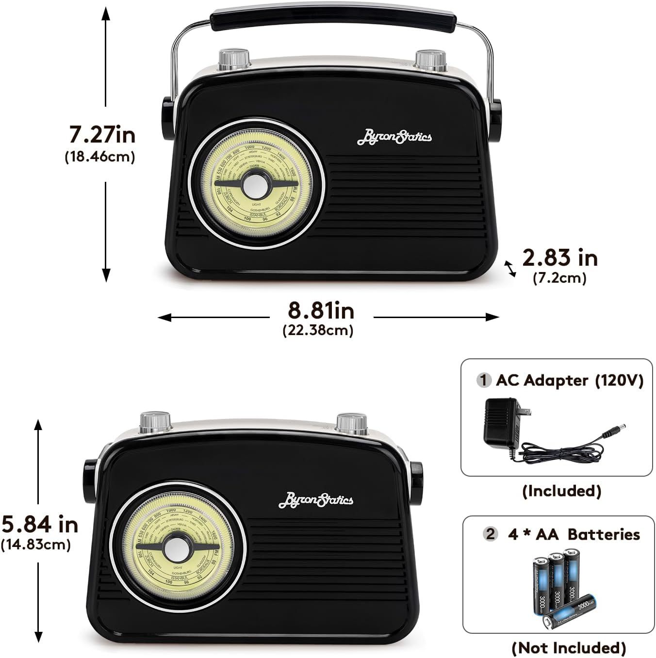 Black AM FM Radio - Small Portable Radios Vintage Retro With Headphone Jack, Large Analog Rotary Tuning Dial